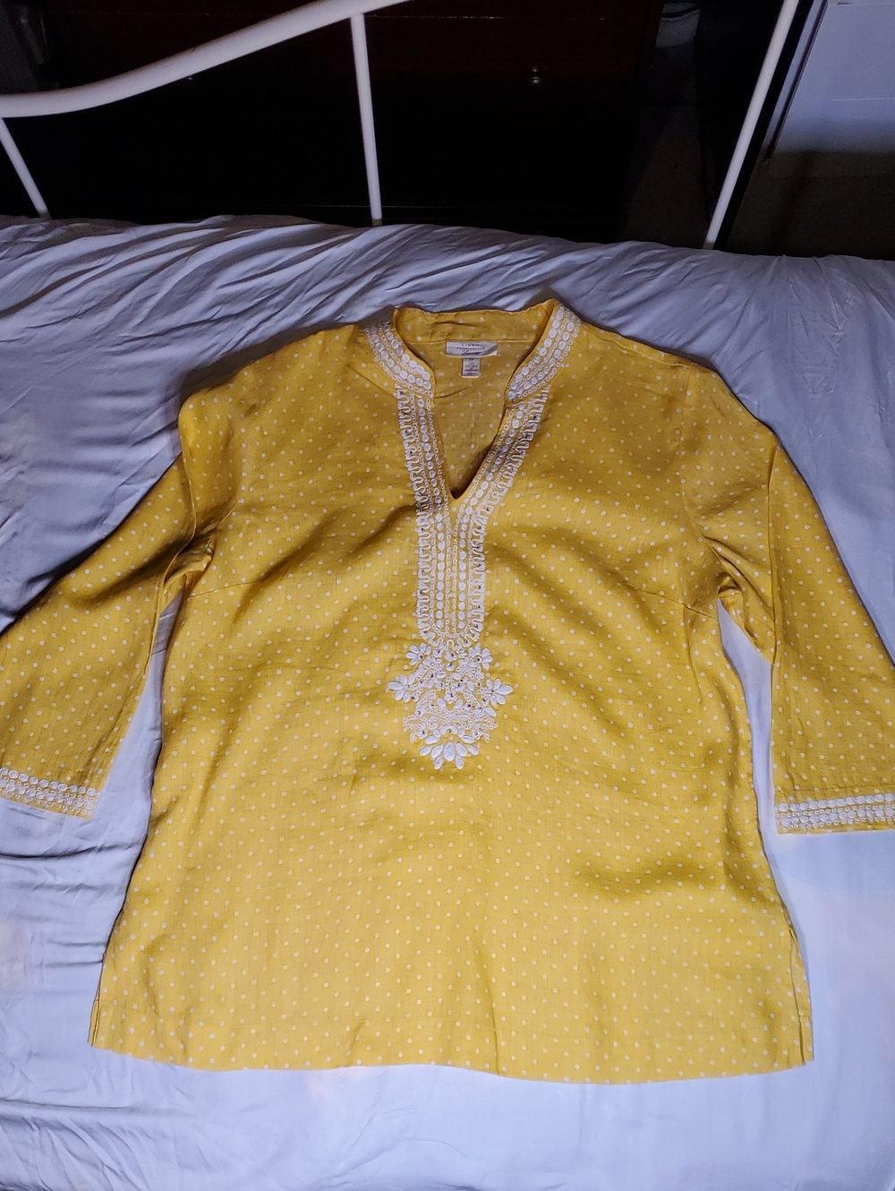 Charter Club Charter Club Yellow Embroidered Cotton Tunic Top with White Accents